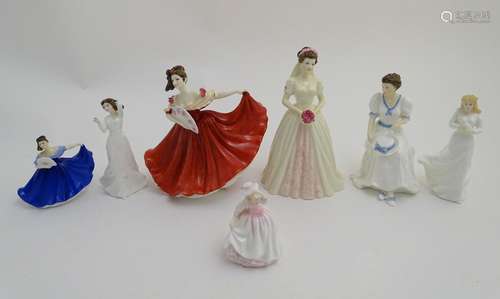 Seven Royal Doulton figurines modelled as ladies, to include Elaine, a lady with a fan in a red