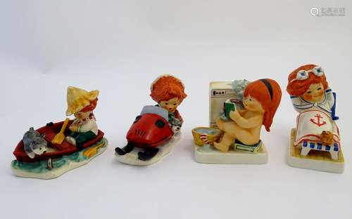 Four Goebel Redhead figures by Charlot Byj, comprising Lazy Day, a red haired boy fishing in a boat,