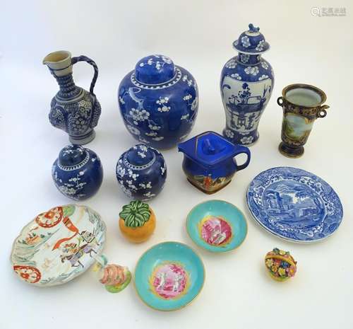 A quantity of assorted ceramics to include a Chinese blue and white lidded vase with cherry