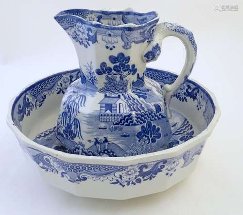 A late 19th / early 20thC Mason's Ironstone China blue and white wash bowl and pitcher / jug