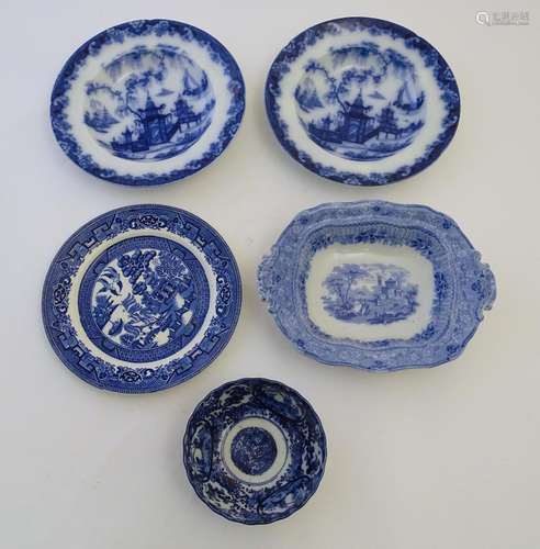 A quantity of assorted blue and white ceramic wares to include a Japanese bowl decorated with