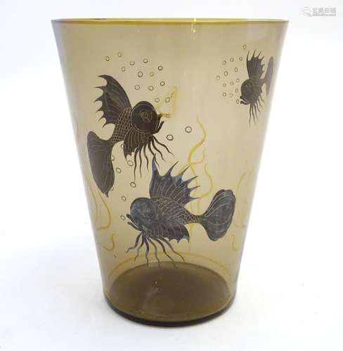 A mid 20thC Art Deco smoked glass vase, decorated with silver lustred pearlscale goldfish and