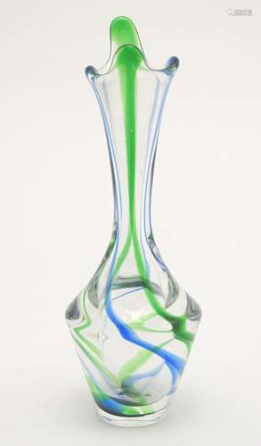 A Max Verboeket Maastricht glass vase, with green and blue decoration. Signed to base. 8 7/8