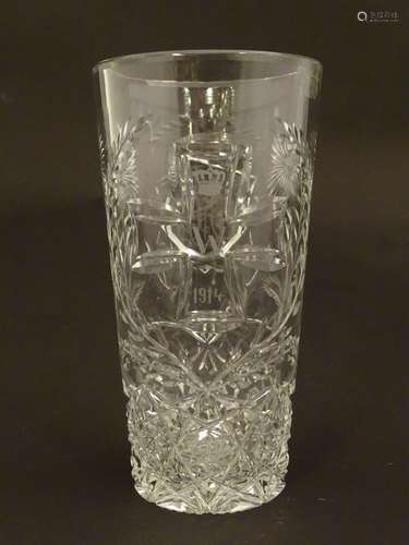 Glass / Militaria : an early 20thC German crystal cup, decorated with cut hobstar and dahlia, with