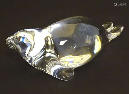 A figural art glass ornament formed as a seal, signed to the base 'Hadeland' (Hadeland Glasverk,