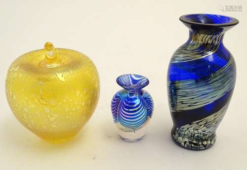 Three items of art glass, comprising an ornament/paperweight formed as an apple with mottled finish,