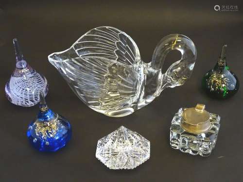 An assortment of glass items, comprising a table formed as a preening swan, three art glass