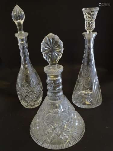 Three 20thC cut glass decanters, comprising a Royal Brierley crystal ship's decanter with