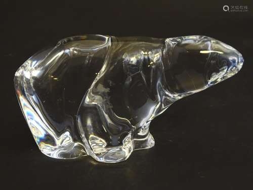 A figural art glass ornament formed as a polar bear, signed to the base 'Hadeland' (Hadeland