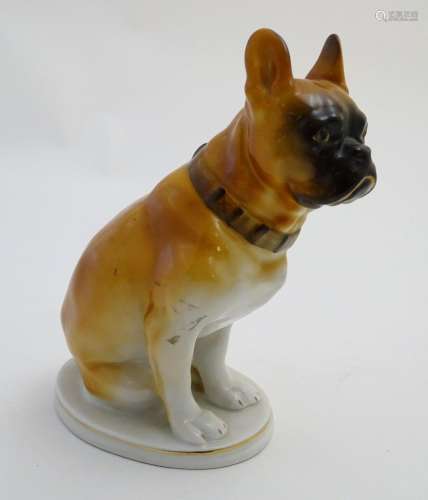 A Russian Lomonosov figure of a seated Mastiff dog on an oval base. Marked Made in USSR with maker's