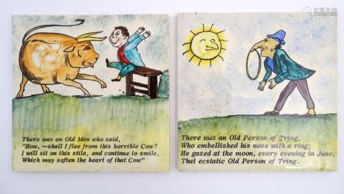 Two Florian Studio tiles decorated with Edward Lear limericks and illustrations, to include 'There