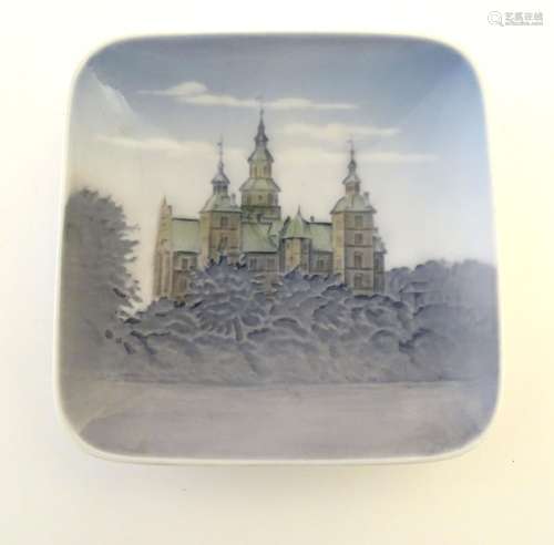 A Royal Copenhagen square pin dish depicting Rosenborg Castle. Marked under Royal Copenhagen,