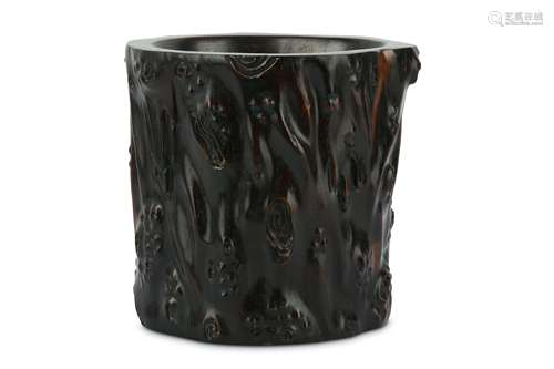 A CHINESE WOOD 'GNARLED TRUNK' BRUSH POT, BITONG.