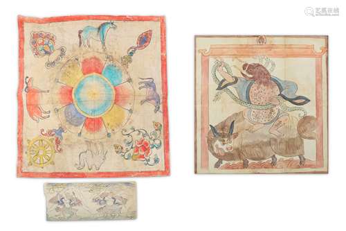 THREE TIBETAN VOTIVE PAINTINGS.