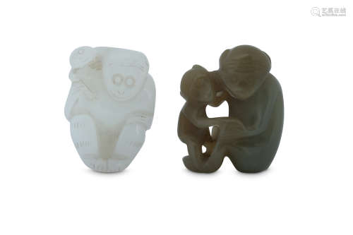 TWO CHINESE JADE 'MONKEY' CARVINGS.