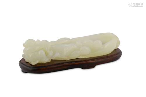 A CHINESE WHITE JADE 'BOY AND GOURDS' BRUSH WASHER.