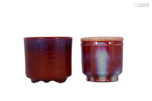 TWO CHINESE FLAMBE-GLAZED CYLINDRICAL INCENSE BURNERS.