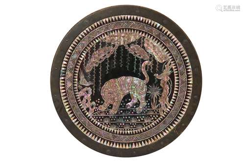 A KOREAN MOTHER OF PEARL-INLAID CIRCULAR 'TIGER' PANEL.