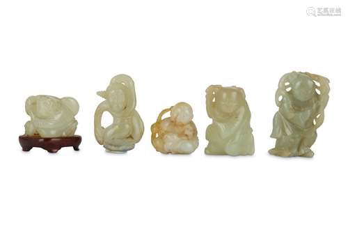 FIVE CHINESE JADE FIGURATIVE CARVINGS.