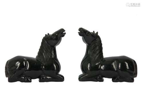 A PAIR OF CHINESE SPINACH-GREEN JADE HORSES.