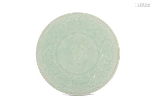 A CHINESE CELADON-GLAZED FLORAL DISH.