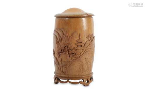A CHINESE BAMBOO JAR AND COVER.