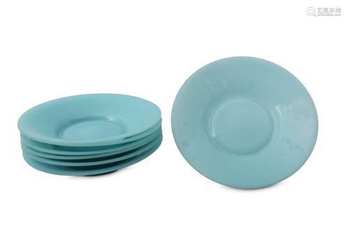 SEVEN CHINESE PALE BLUE PEKING GLASS DISHES.