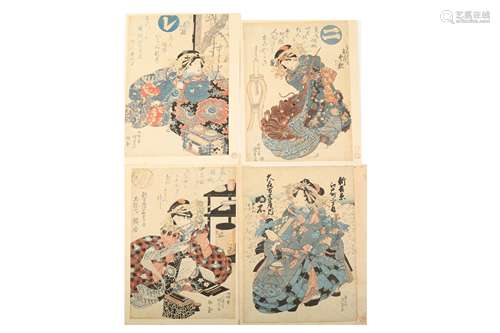 FOUR WOODBLOCK PRINTS BY KUNISADA AND EISEN.