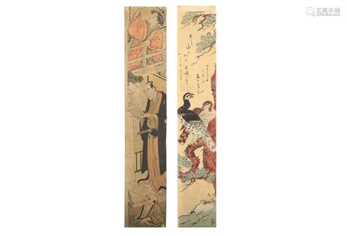 TWO WOODBLOOK PRINTS BY SHUNCHO & ANON. 18th Century. Two hashira-e , a parody of the letter-reading