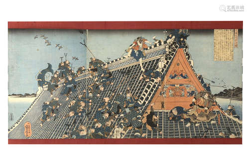 A JAPANESE WOODBLOCK TRIPTYCH BY KUNIYOSHI.