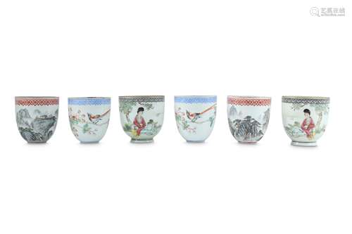 THREE PAIRS OF CHINESE FAMILLE ROSE EGGSHELL PORCELAIN CUPS.