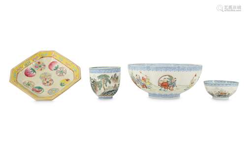 THREE CHINESE EGGSHELL PORCELAIN BOWLS AND A FAMILLE ROSE STEM DISH.