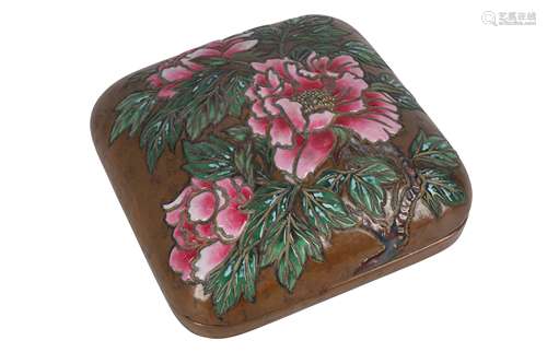 A JAPANESE ENAMELLED METAL WRITING BOX AND COVER (SUZURIBAKO).