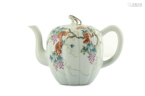 A CHINESE FAMILLE ROSE 'SQUIRRELS AND VINES' TEAPOT AND COVER.