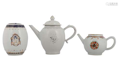 TWO CHINESE TEAPOTS AND COVER AND A TEA CADDY AND COVER.