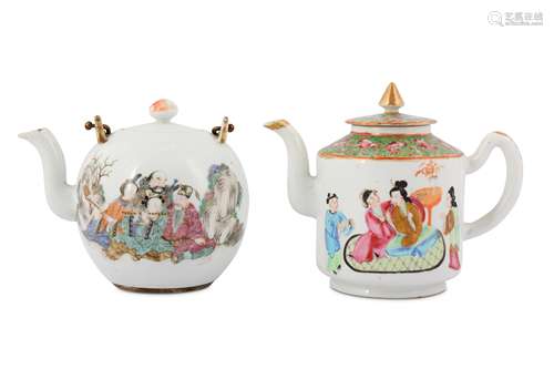 TWO CHINESE FAMILLE ROSE TEAPOTS AND COVERS.