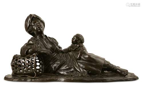 A LARGE BRONZE FIGURE OF A MOTHER AND CHILD.