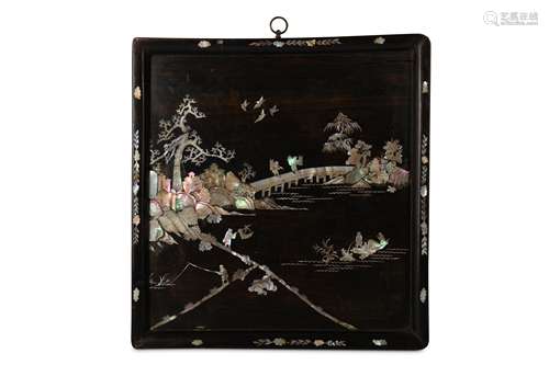 A CHINESE WOOD MOTHER OF PEARL-INLAID PANEL.