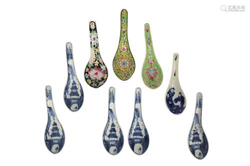 EIGHT CHINESE PORCELAIN SPOONS AND AN ENAMELLED SPOON.