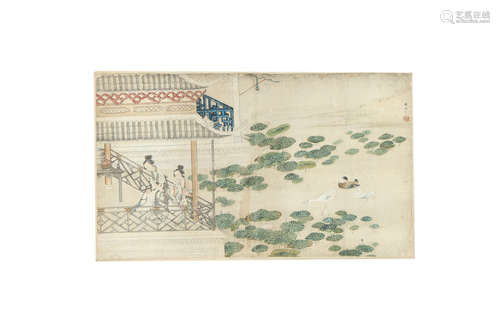 A CHINESE HANGING SCROLL PAINTING OF A LADY ON A TERRACE.