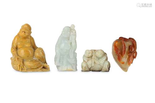 TWO CHINESE JADE CARVINGS, A SOAPSTONE FIGURE AND AN AGATE WASHER.