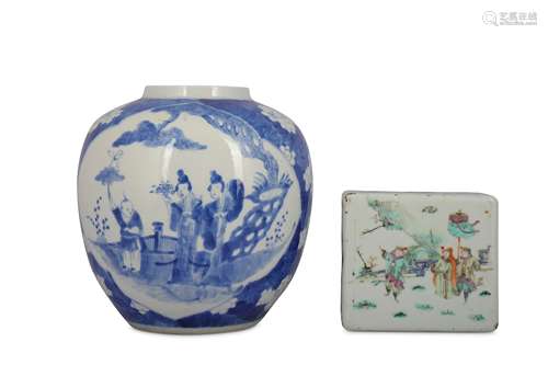 A CHINESE BLUE AND WHITE JAR AND A FAMILLE ROSE PILLOW.