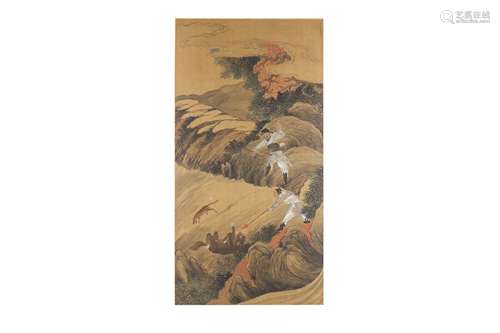 A CHINESE PAINTING OF HUNTERS IN A LANDSCAPE.