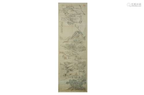 A CHINESE PAINTING OF FIGURES IN A LANDSCAPE.