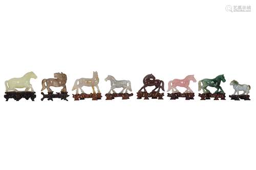 SEVEN CHINESE HARDSTONE CARVINGS OF HORSES.