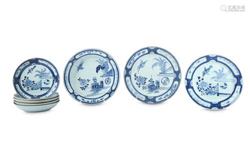 A SET OF EIGHT CHINESE BLUE AND WHITE 'BIRDS ON A VERANDA' DISHES.