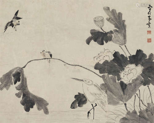 黄慎（款）（1687-1772）  荷塘清趣图 设色纸本立轴