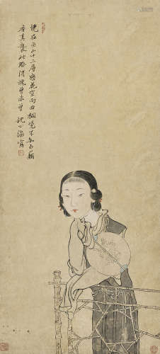 沈心海（1855-1941）  凭栏恋花图 设色纸本立轴