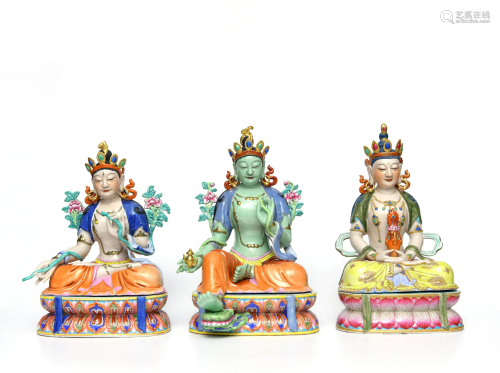 Famille Rose Porcelain of Amitayus Buddha Statue, Green Tara Staue, White Tara Statue