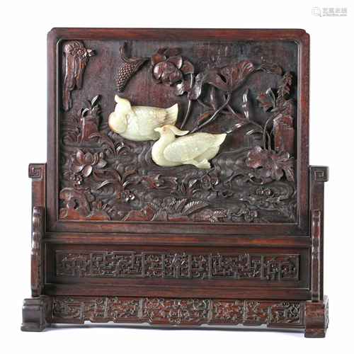 A White Jade Inlaid Rosewood Table Screen